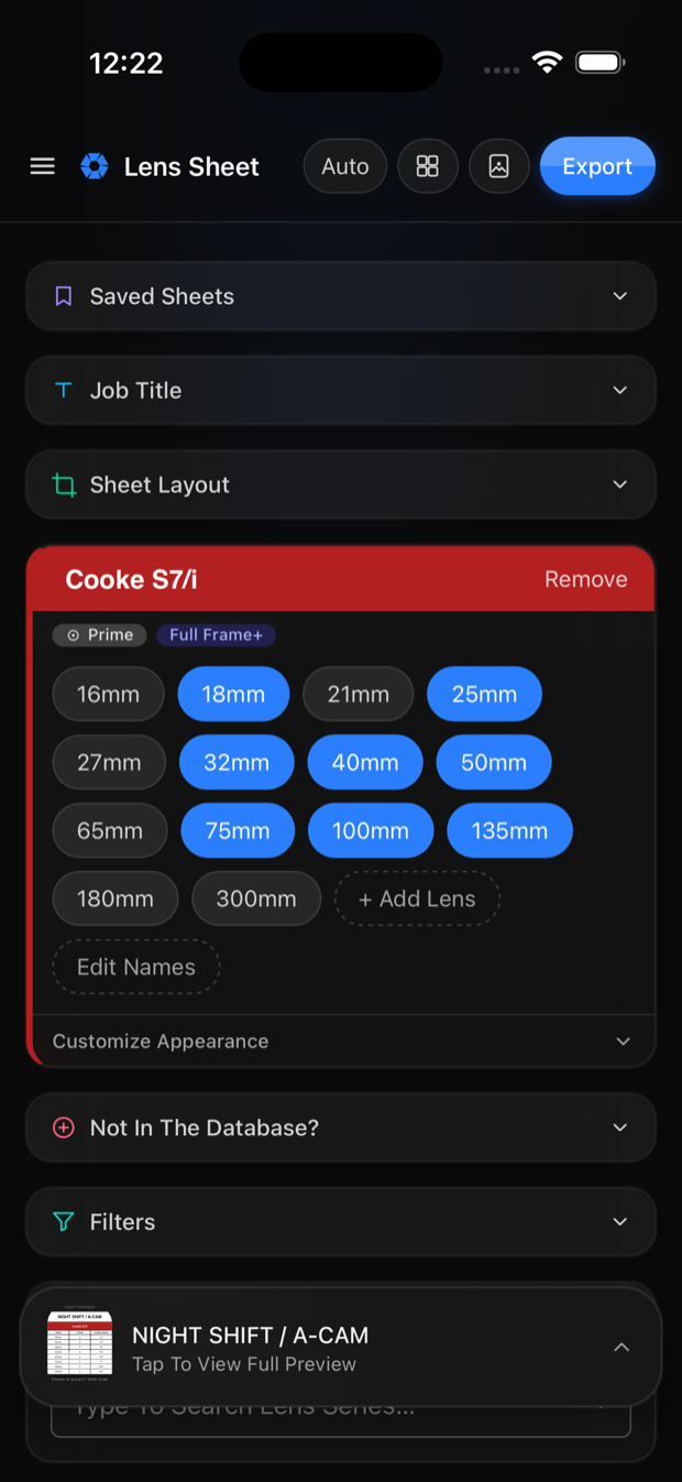 The Set Cheater lens sheet builder on an iPhone, with a Cooke S7/i series added and eight focal lengths ticked.