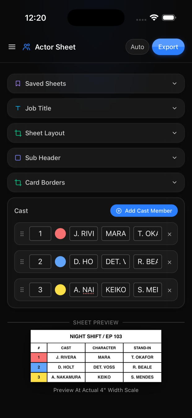 The Set Cheater actor sheet builder with three colour-coded cast rows and a live preview of the printed card.