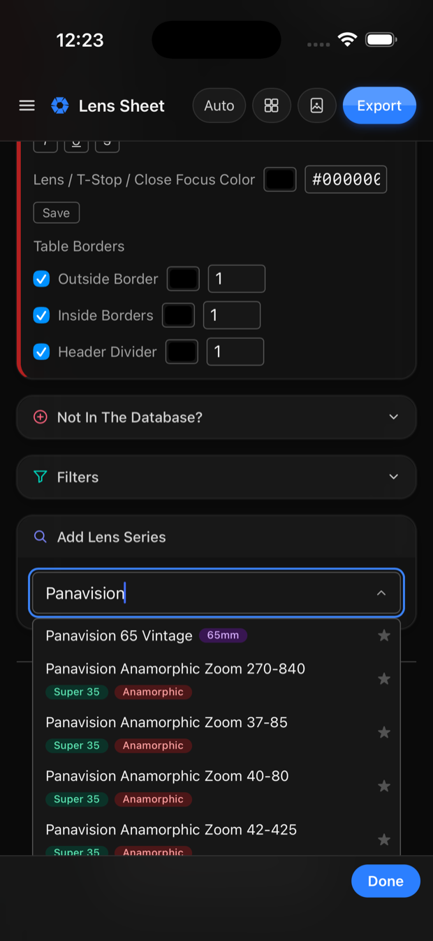 Searching the Set Cheater lens database for Panavision, showing anamorphic zooms tagged Super 35.