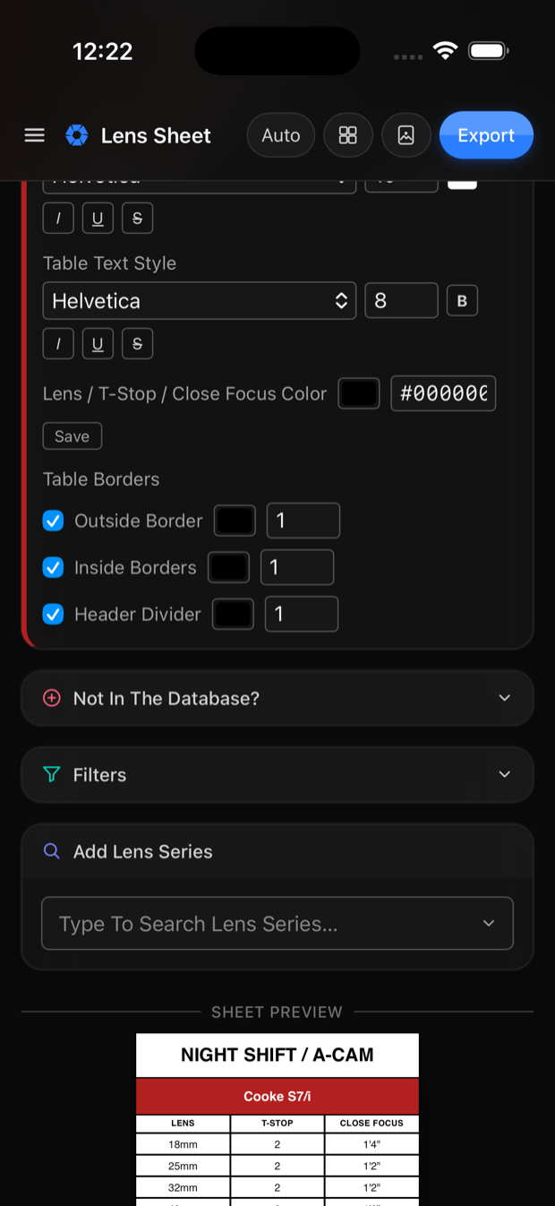 Set Cheater's styling controls: table text style, colours, and border weights, with a live sheet preview below.