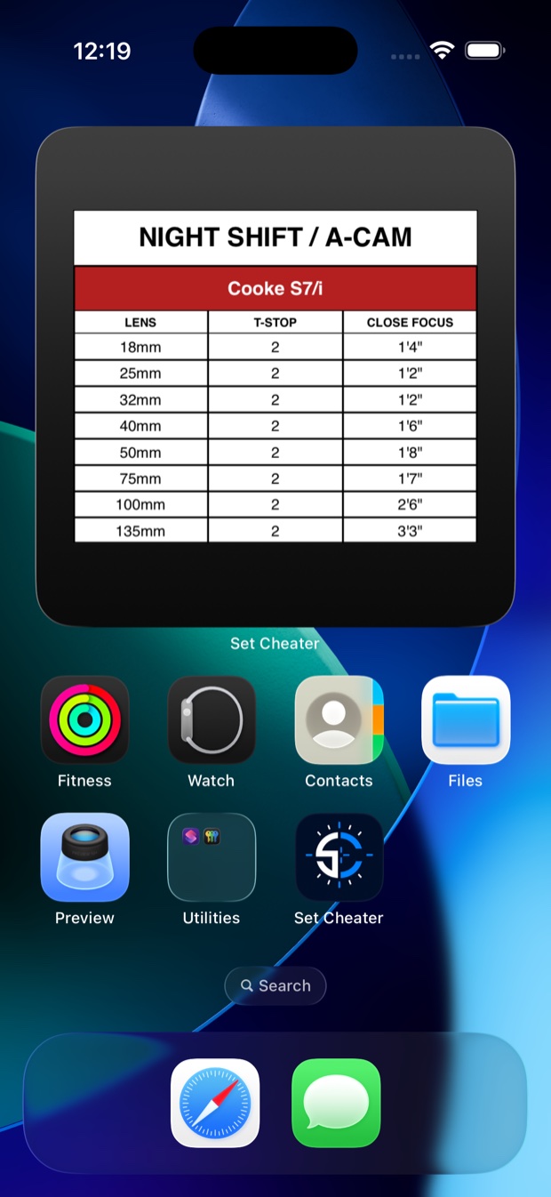 The Set Cheater widget on an iPhone Home Screen, showing a live Cooke S7/i sheet.